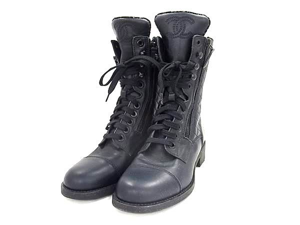 CHANEL シャネル ココマーク マトラッセ レザー ブーツ 表記サイズ 37 約24cm 靴 シューズ ダークネイビー系 FN7796