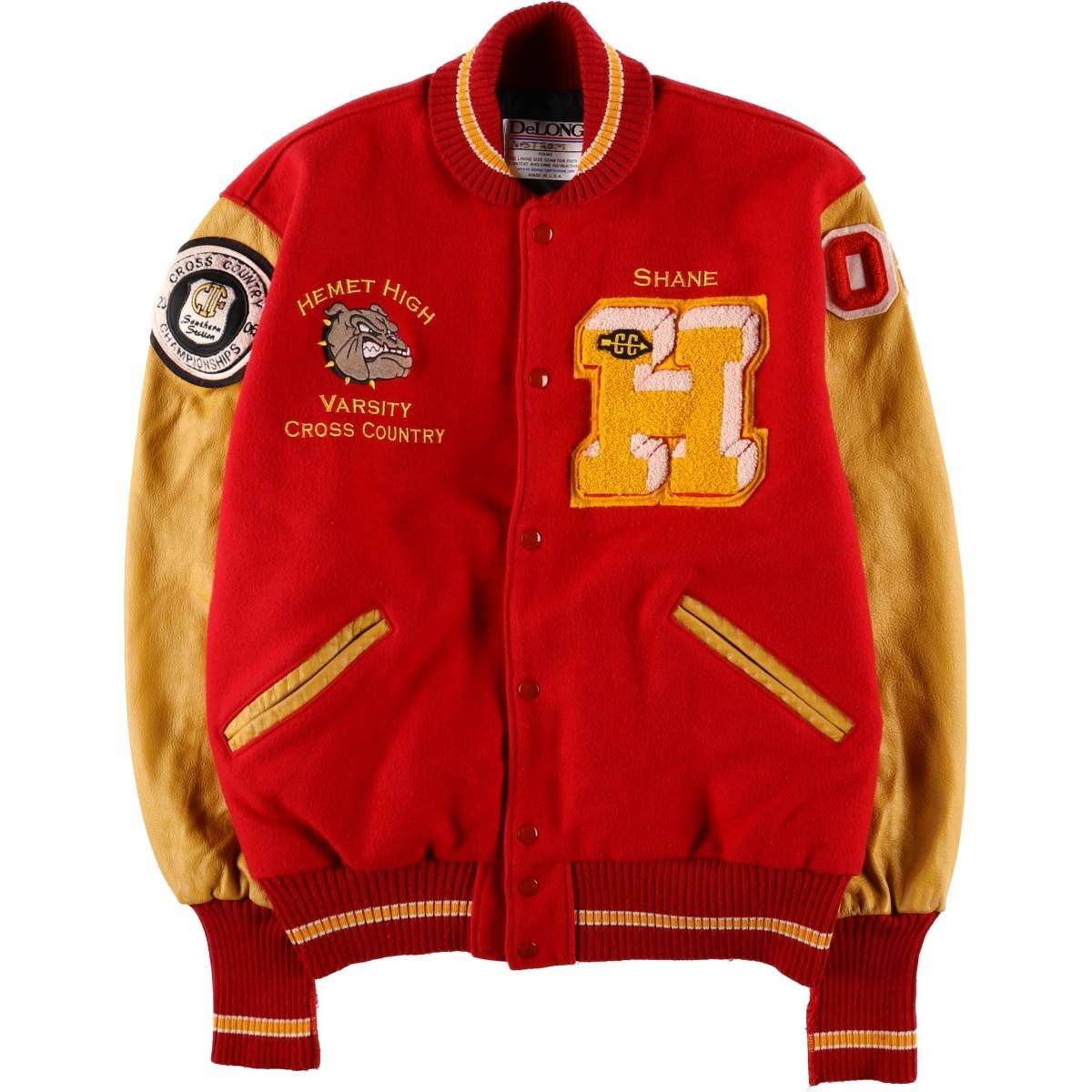 古着 90年代 デロング DeLONG カレッジ 袖革ウールボタンスタジャン バーシティジャケット メンズXL相当 ヴィンテージ|eaa592253