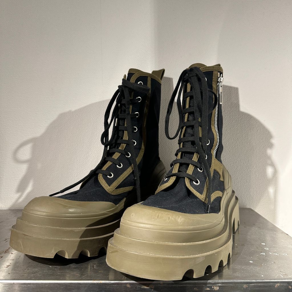 BOTTEGA VENETA ボッテガヴェネタ Bicolor Canvas Combat Boots レースアップブーツ カーキ ブラック size 41 26cm 代官山A08