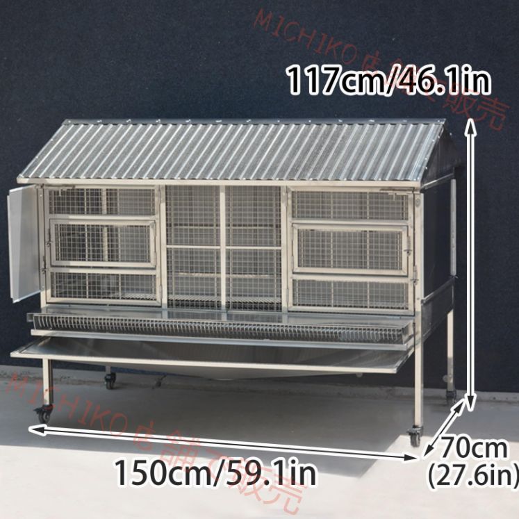 金属製鶏小屋 車輪と漏斗トレイ付きの屋外用ウサギ小屋 小動物家禽用の噛みつき防止モルモットケージ 150 70 110cm