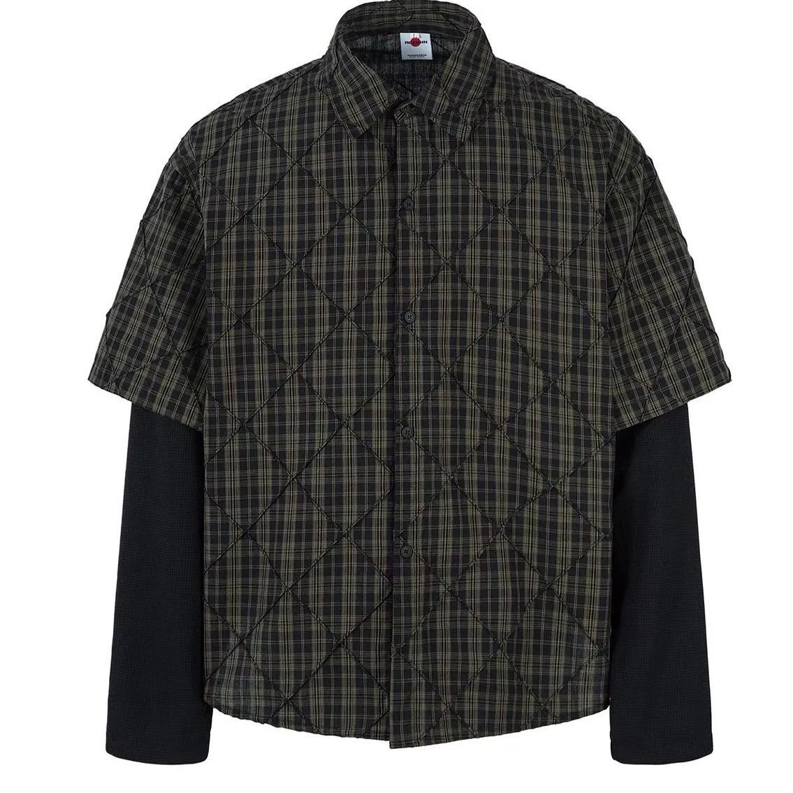 h アメリカンヴィンテージ風 偽二枚重ね パネル切替 チェック柄 長袖シャツ|ユニセックス 2025 INS トップス