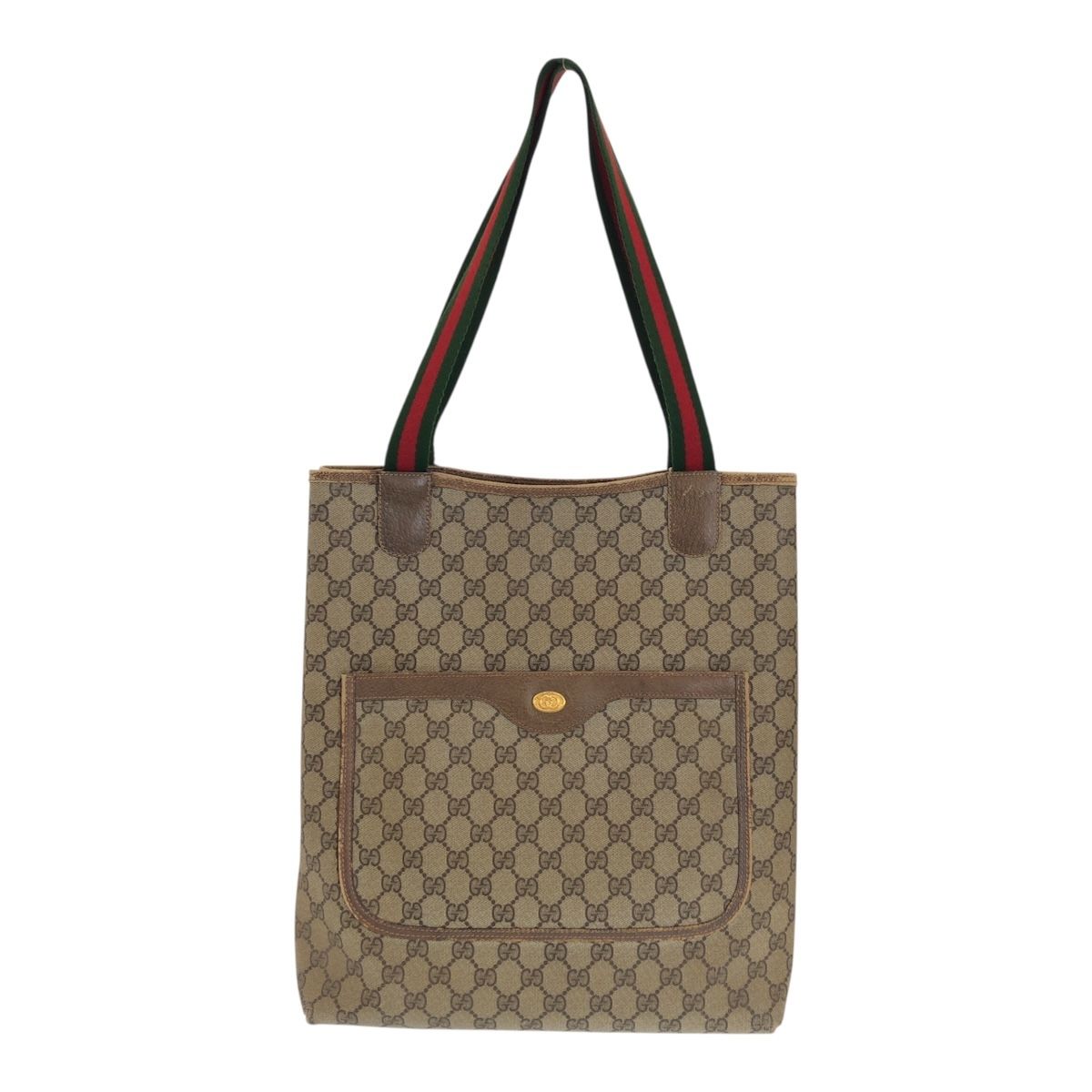 GUCCI グッチ ヴィンテージ シェリーライン グッチ ブラウン ゴールド金具 GGスプリームキャンバス レザー トートバッグ 505774