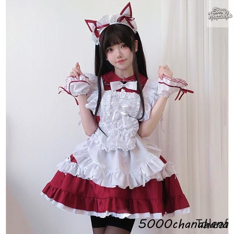 メイド服 コスプレ メイド コスプレ衣装 レディース エプロン リボン 兎カチューシャ 大人ロリータワンピース 5点セット フリ