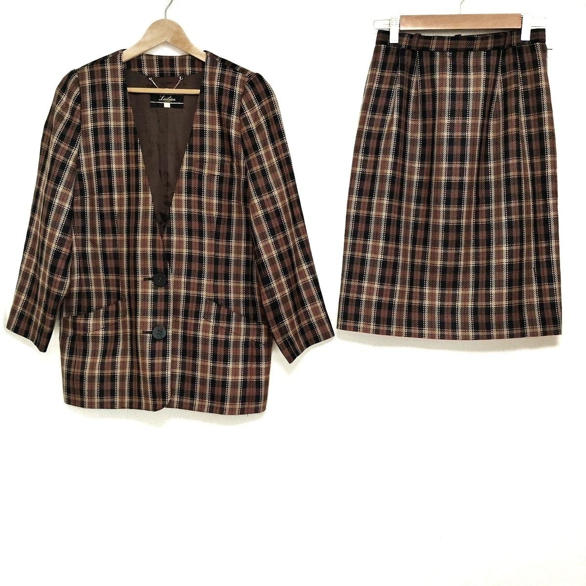 Leilian レリアン スカートスーツ レディース - 黒×ベージュ×マルチ チェック柄