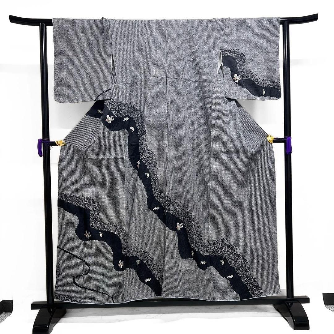 付け下げ 総絞り 刺繍 流水 花模様 花紗綾形地紋 紋無し 着物 103b d