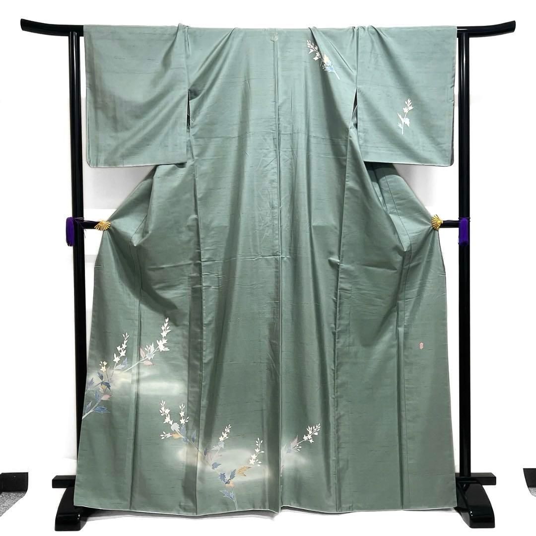 作家もの 付け下げ 白山紬 友禅 花模様 霞 リーフ 着物 103b d