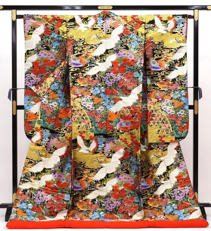色打掛 最高峰和装 金 鶴 花畑 赤 ゴールド used b4945