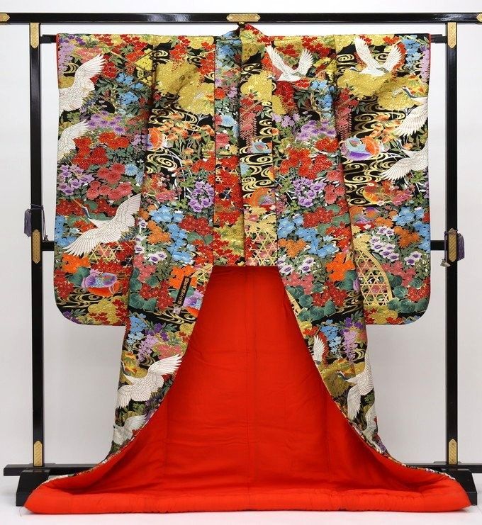 色打掛 和装 金 鶴 花畑 赤 ゴールド b4945