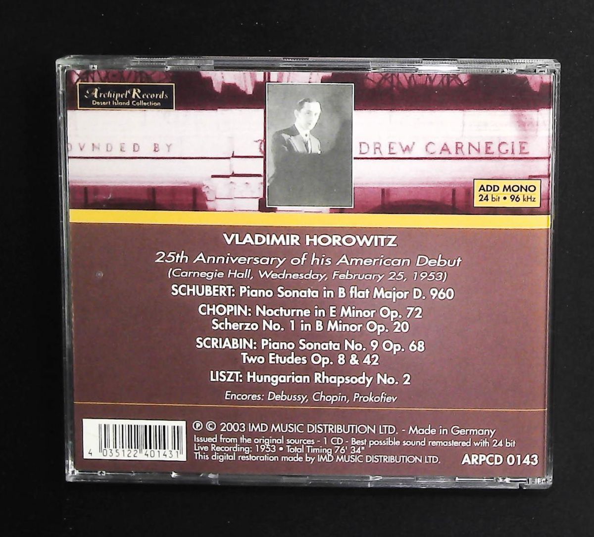 American Debut Carne CD Schubert Horowitz Archipel