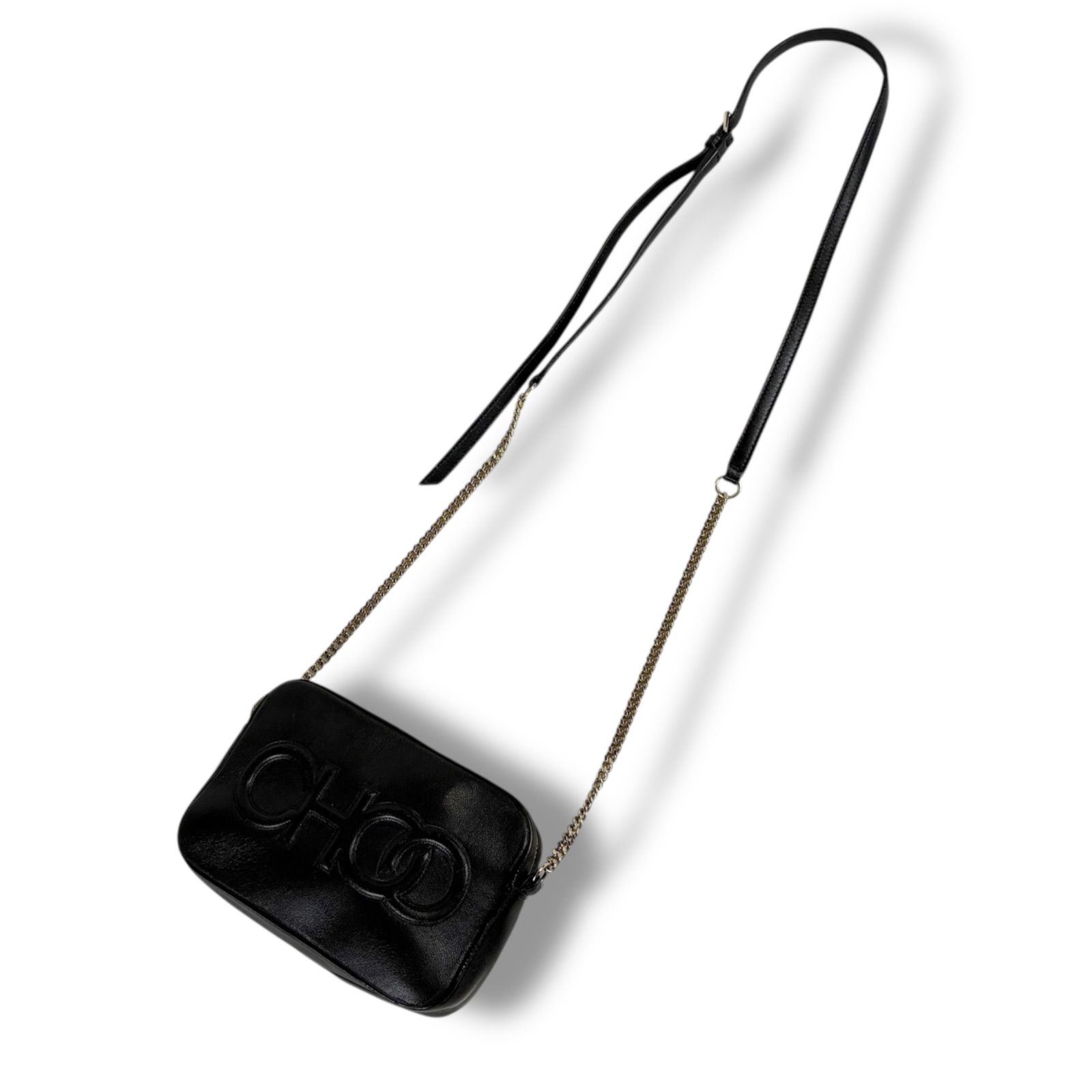 ジミーチュウ JimmyChoo エンボスロゴ カメラバッグ チェーンショルダーバッグ ブラック 黒 レザー ポシェット