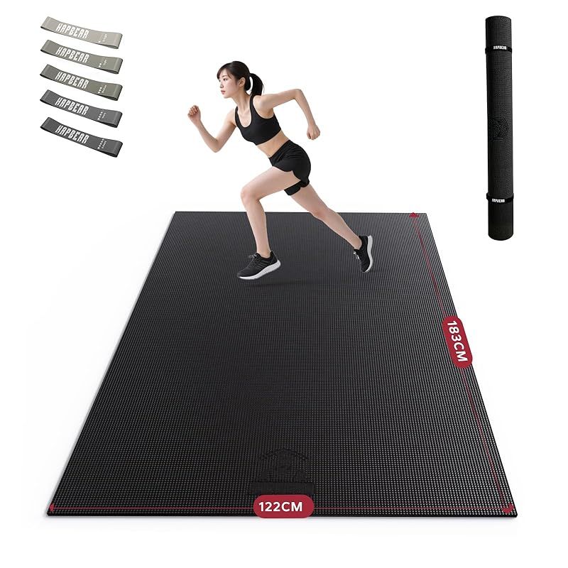 HAPBEAR エクササイズマット 8mm 厚手 大判 ヨガマット 高密度PVC 滑り止め 防音 衝撃吸収 トレーニングマット ホームジム 家族用 おしゃれ ブラック 183x122x0.8cm 0