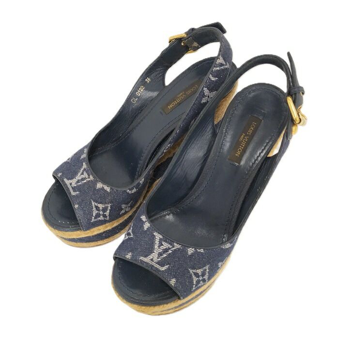 LOUIS VUITTON ウェッジサンダル モノグラムデニム サイズ36 ネイビー