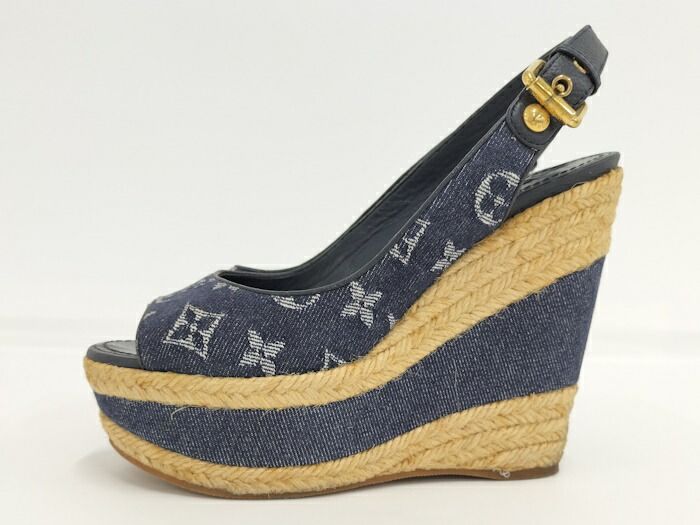 LOUIS VUITTON ウェッジサンダル モノグラムデニム サイズ36 ネイビー