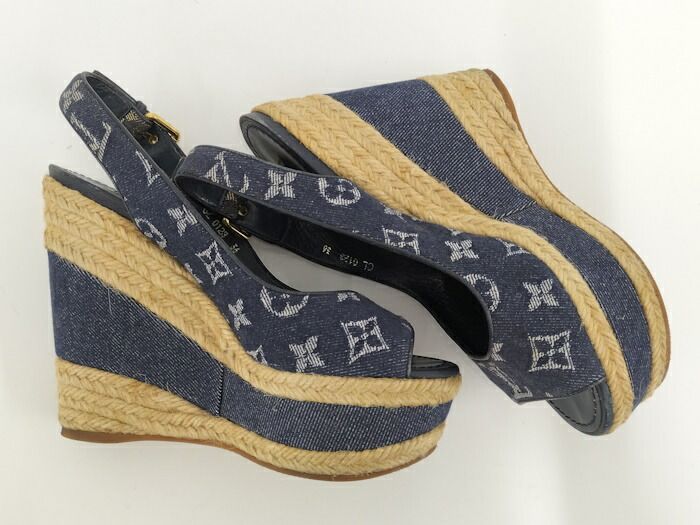 LOUIS VUITTON ウェッジサンダル モノグラムデニム サイズ36 ネイビー