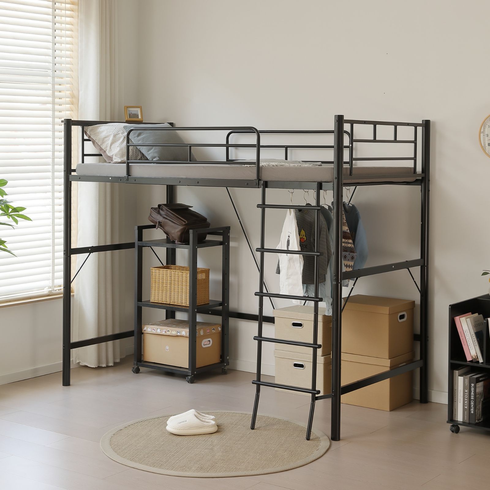 価格 NANAMIロフトベッド シングル コンセント付き 宮棚付き 北欧風 スチール製 高さ170cm 大人用 パイプベッド 二段ベッド風 省スペース 耐震 耐荷重150kg はしご一体型 おしゃれ 学生寮 子供部屋 社員寮 寝台