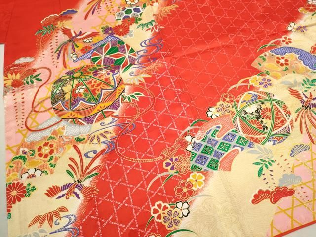 平和屋着物[]七五三 女の子 7歳 祝着 四つ身 鞠鳳凰草花文 金彩 洗える