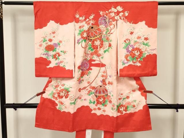 美品】お宮参り 産着 女の子 着物 長襦袢付き 赤 鞠 桜 金彩 お宮参り
