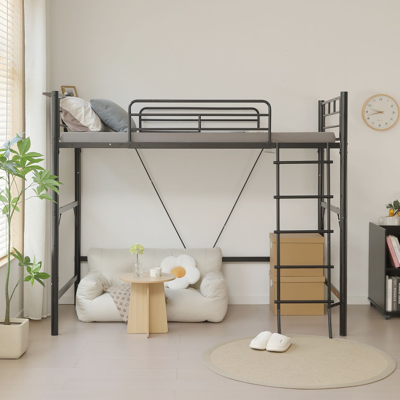 価格 NANAMIロフトベッド シングル コンセント付き 宮棚付き 北欧風 スチール製 高さ170cm 大人用 パイプベッド 二段ベッド風 省スペース 耐震 耐荷重150kg はしご一体型 おしゃれ 学生寮 子供部屋 社員寮 寝台 NEXPOTALLINN_EU