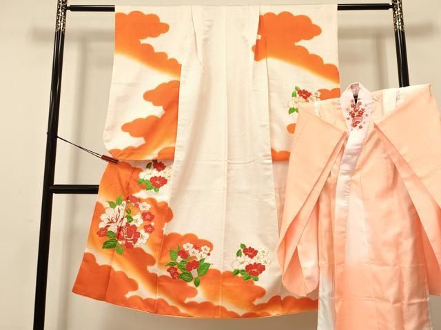  平和屋着物[]七五三　女の子　７歳　祝着　四つ身　襦袢(無双仕立て)セット　駒刺繍　草花文　暈し染め　洗える着物　DAAS9260ma 着物・着物ドレス