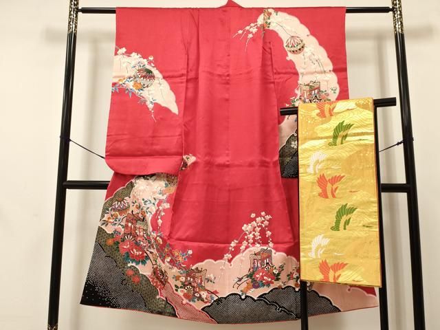 平和屋着物[]七五三 女の子 ７歳 祝着 四つ身 袋帯セット 御所車花鞠文