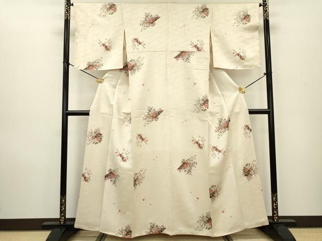 正絹　小紋　ちりめん　扇子に花柄　袷 正絹 小紋 ちりめん 扇子に花柄 袷