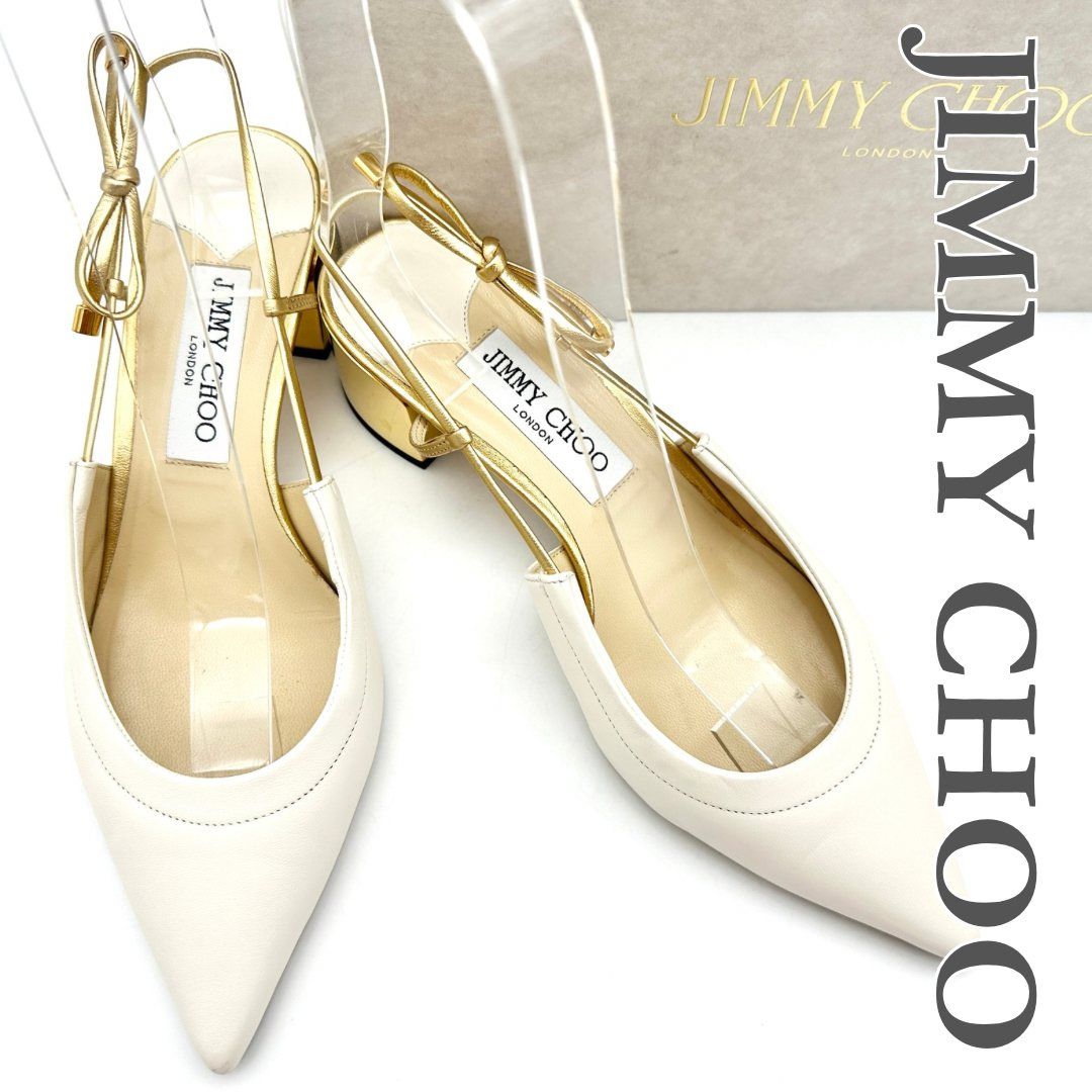 JIMMY CHOO ミュール 本革 リボンバックストラップ ポインテッドトゥ ホワイト 2419T
