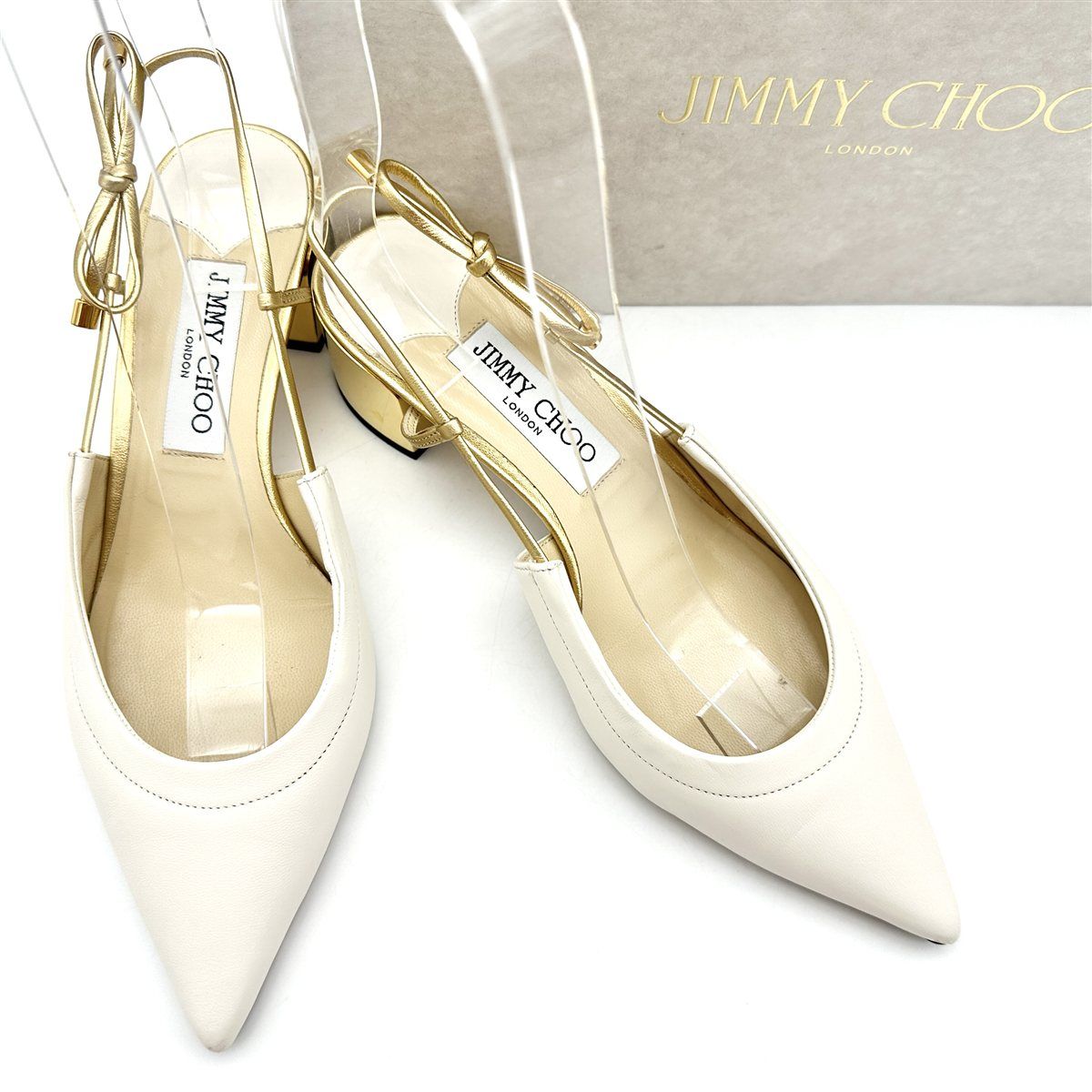 JIMMY CHOO ミュール 本革 リボンバックストラップ ポインテッドトゥ ホワイト 2419 T