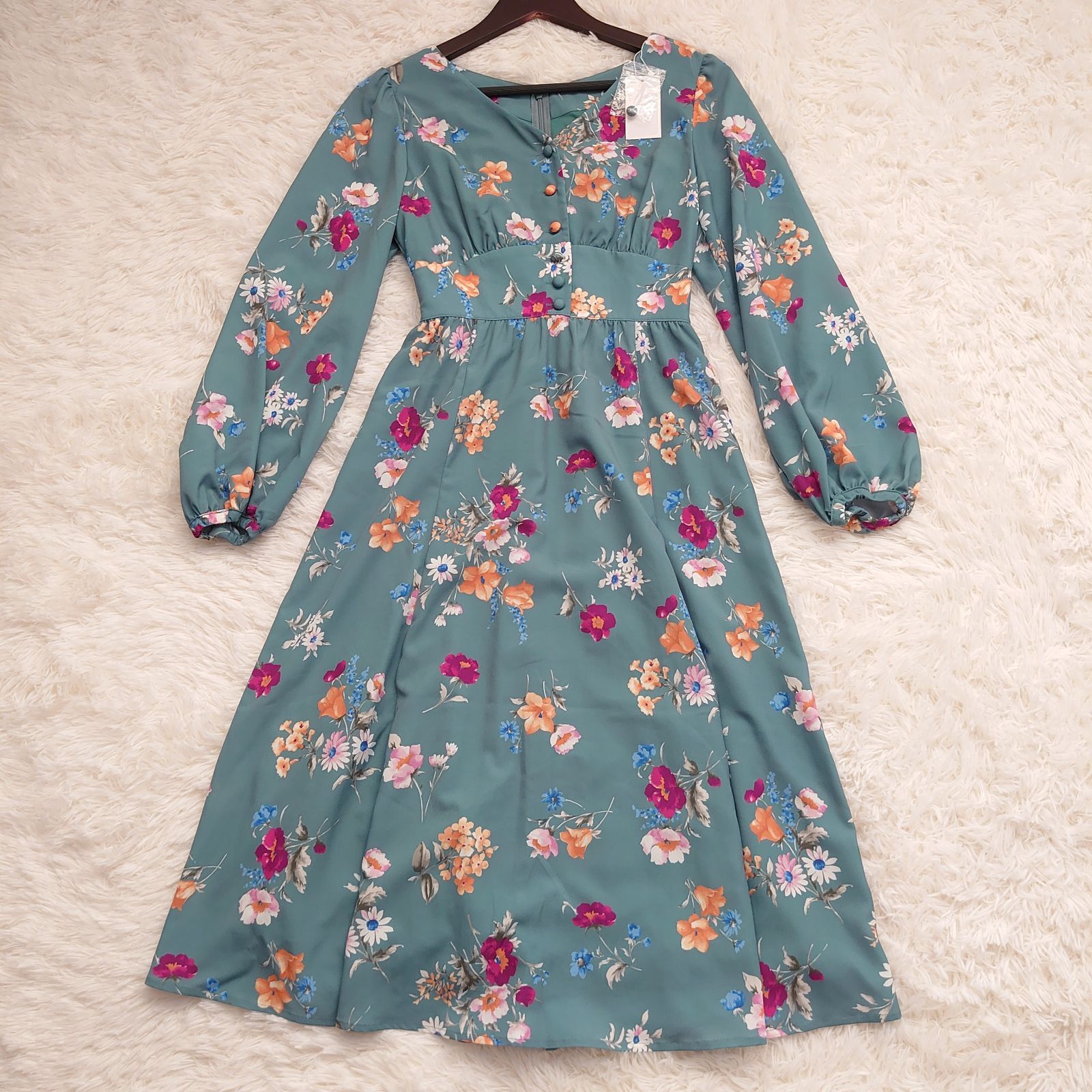 アンドクチュール And Couture 38 グリーン花柄長袖マキシワンピース