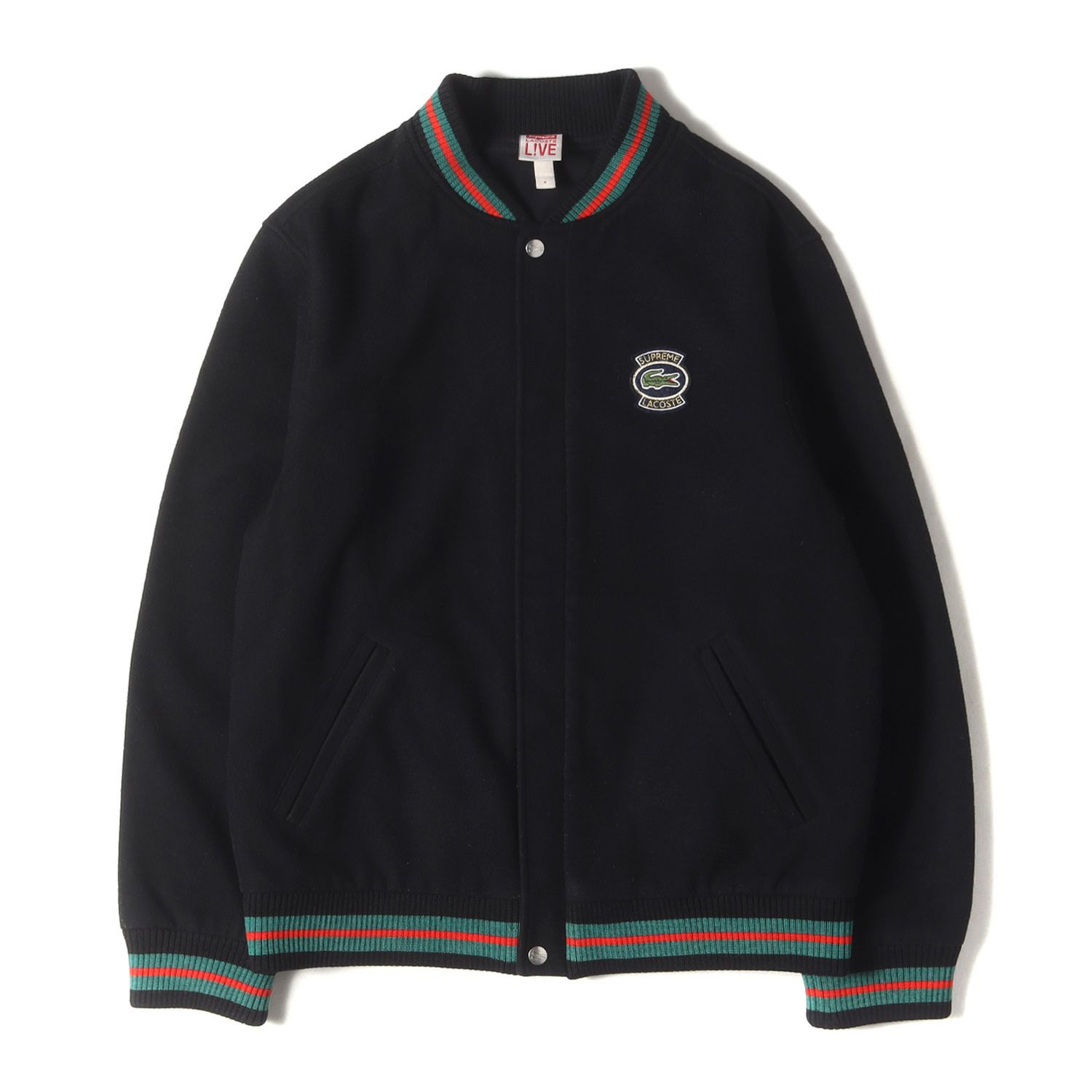 Supreme シュプリーム ジャケット ブラック 黒 サイズ:M | LACOSTE L!VE メルトンウール バーシティジャケット / スタジャン | アウター ブルゾン 上着【メンズ】【中古】【K4618】 Supreme シュプリーム ジャケット ブラック 黒 サイズ:M | LACOSTE L
