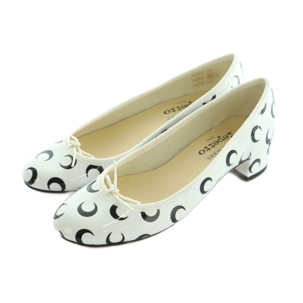 レペット Repetto × マリーンセル MARINE SERRE Camille パンプス ラウンドトゥ チャンキーヒール 総柄 ムーンプリント 38 24.0cm 白 ホワイト 黒 ブラック V4235V |MI OS