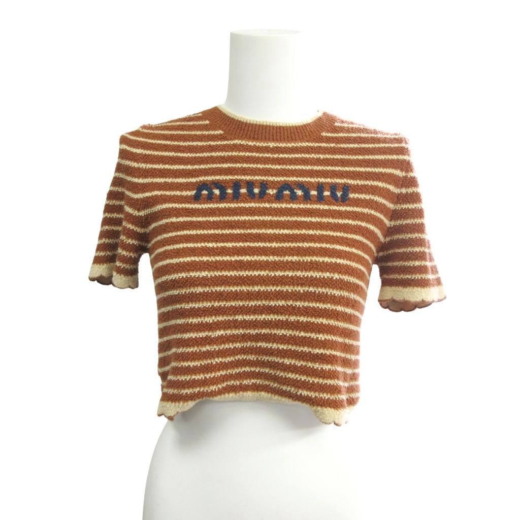 【極美品】miumiu ミュウミュウ　ボーダーニット　ロゴニット　38サイズ 関税込☆MIU MIU☆カシミア&シルク タートルネック ロゴ ニット