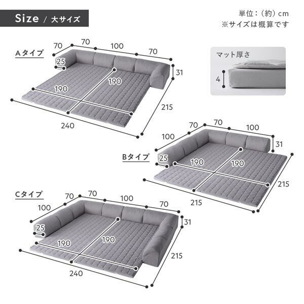 ローソファ 大サイズ グレージュ Aタイプ クッションU型 マット マットカバー コーナークッション×2 I型クッション×1 カチオン染め NEXPOTALLINN_EU