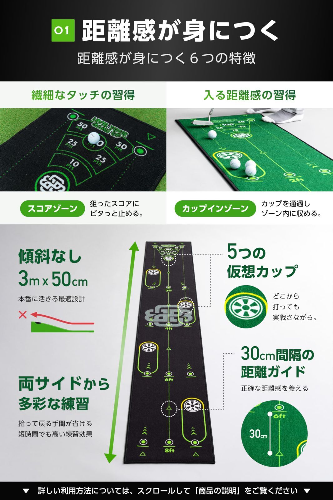 全英覇者コーチ監修x高速グリーンx距離感x方向性xインパクト向上x 3 mxガイドブック付き パター練習器具 パター練習マット パターマット