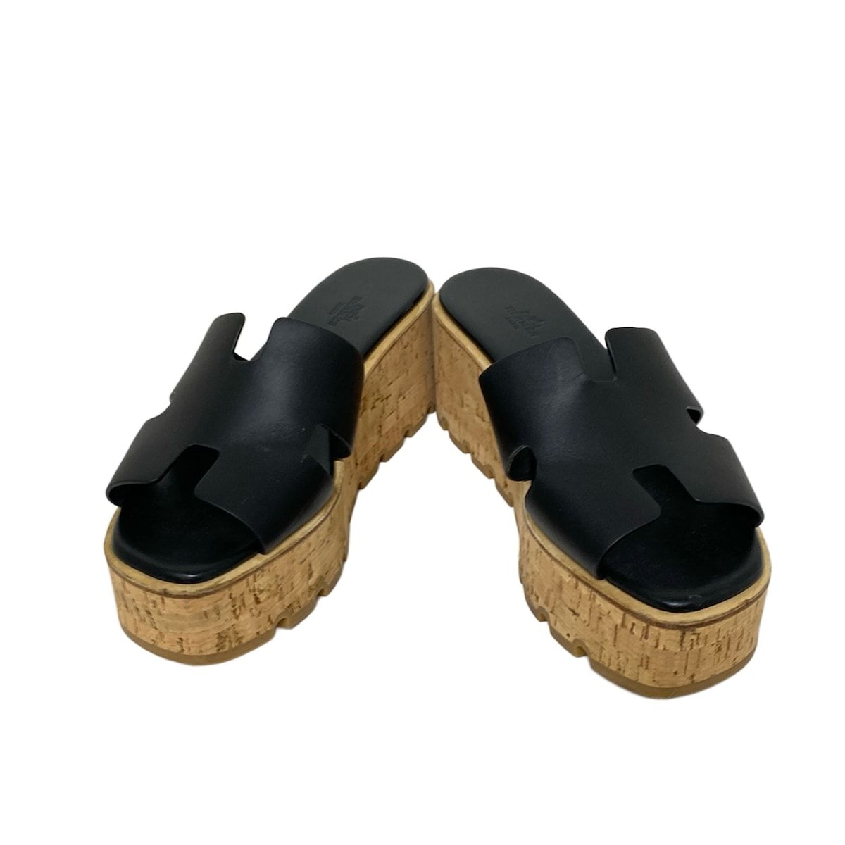 HERMES エルメス ミュール レディース エズ30 黒×ベージュ プラットフォーム レザー