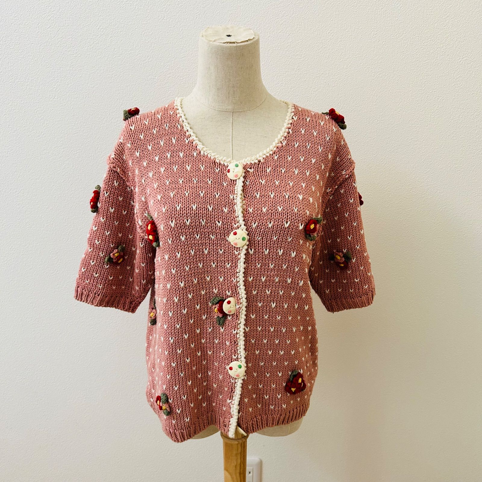 ピンクハウス 半袖ニットカーディガン ピンク 白 お花モチーフ カラフルボタン