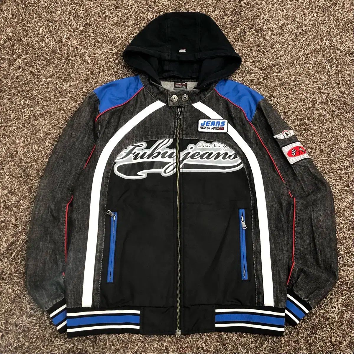 L FUBU デニム フーディー レーシング バイカー ジャケット
