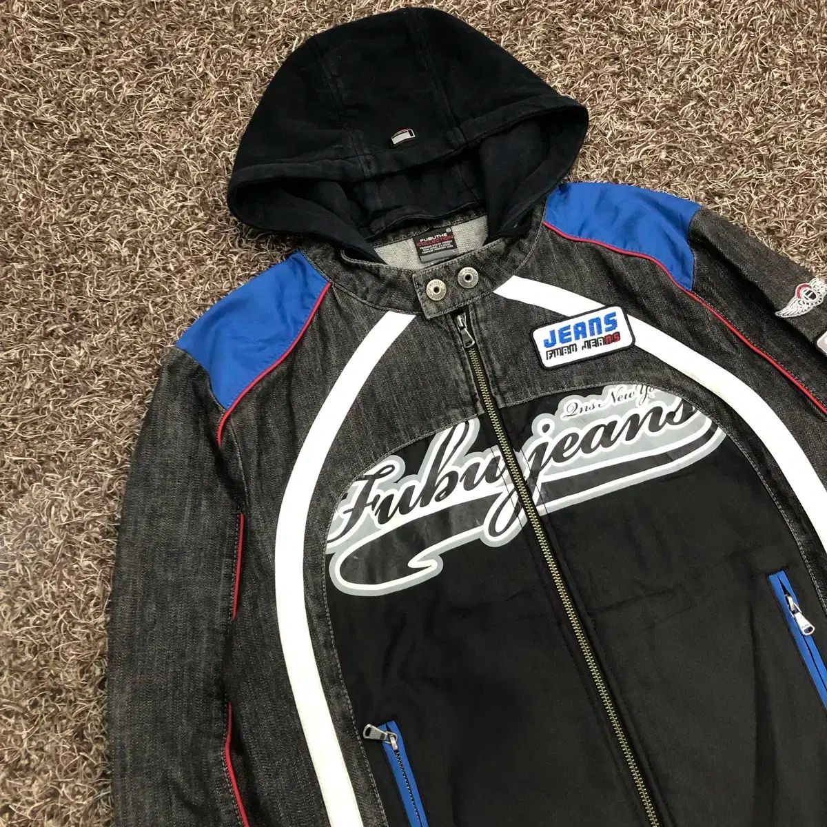 L FUBU デニム フーディー レーシング バイカー ジャケット
