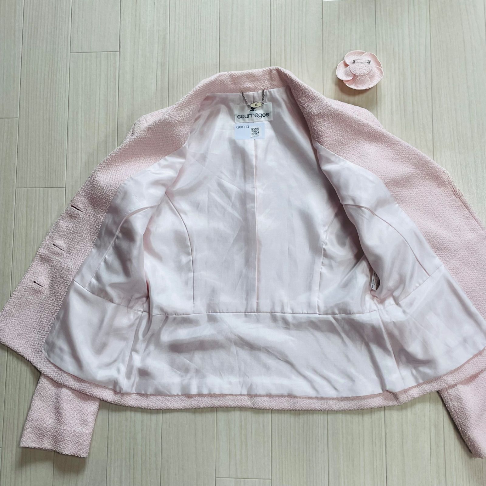 極美品 courreges ツイード調セットアップスーツ コサージュ お花 上下 