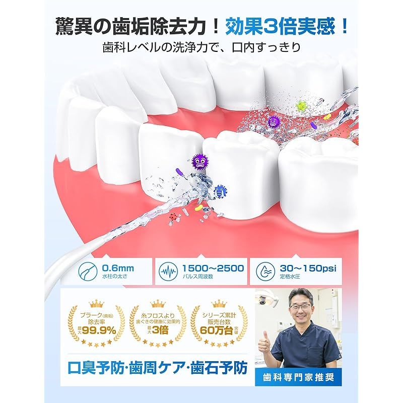 口腔洗浄器 ジェットウォッシャー 歯垢除去率99 9 4本ノズル付き 360°回転設計 5種類の水流モード 350 ML大容量タンク 30 150 PSI水圧調整 口腔洗浄機器 USB充電式 IPX 7防水 携帯型歯間ジェット コードレス口腔ケア器具 家庭用や旅行