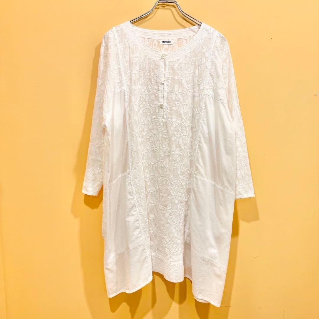 Plantation チュニック シアーシャツ シースルー 刺繍 ホワイト M