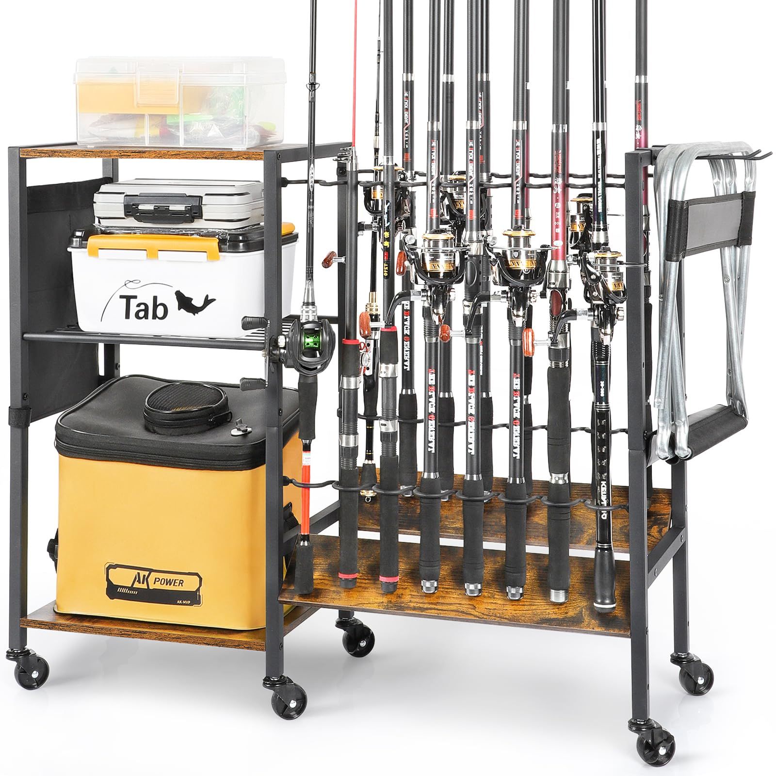 ロッドスタンド 釣り竿立て 大容量の釣り竿立て 釣り竿用の ラック 16本の釣り竿が収納できる釣り竿立て キャスター付き 組立式 屋外 室内両用