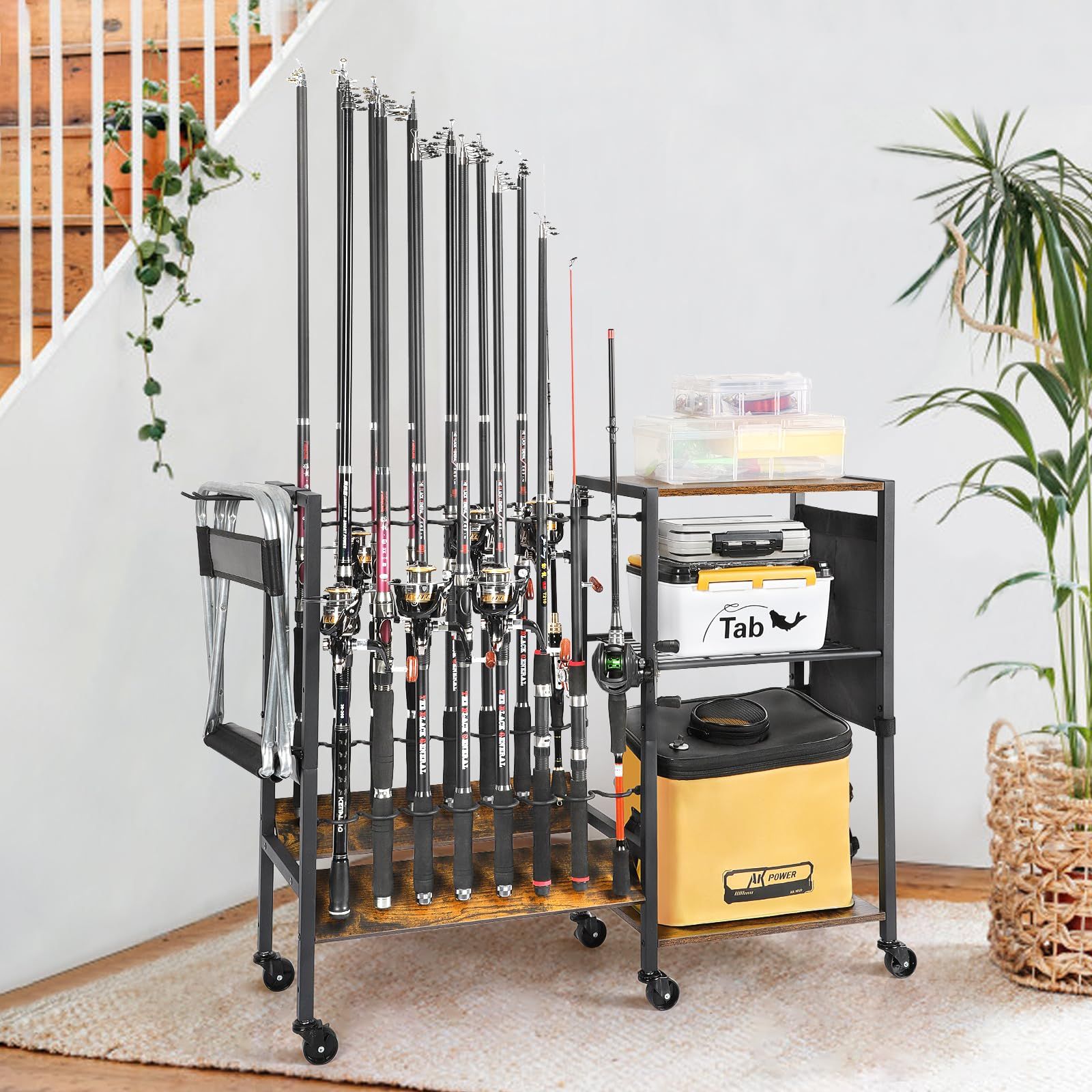 ロッドスタンド 釣り竿立て 大容量の釣り竿立て 釣り竿用の ラック 16本の釣り竿が収納できる釣り竿立て キャスター付き 組立式 屋外 室内両用
