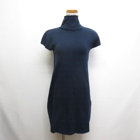 イッセイミヤケ ISSEY MIYAKE A-POC INSIDE ハイネック フレンチスリーブ ワンピース 2 ネイビー 総柄 ストレッチニット 半袖