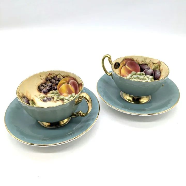 エインズレイ ペアカップ＆ソーサー オーチャードゴールド ターコイズブルー AYNSLEY 金彩 洋食器