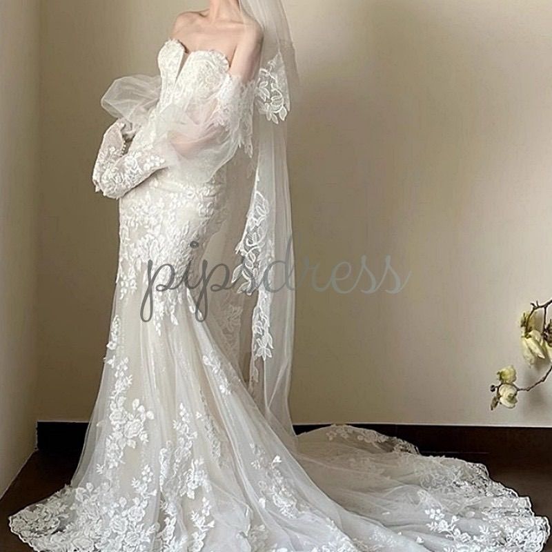 即日発送 ウェディングドレス マーメイドライン L 総レース オフショルダー 編み上げ トレーン付 ロングドレス 前撮り 結婚式 二次会 花嫁