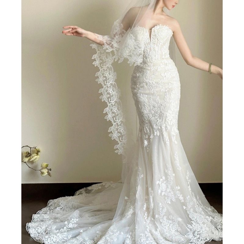 ウェディングドレス マーメイドライン L 総レース オフショルダー 編み上げ トレーン付 ロングドレス 前撮り 結婚式 二次会 花嫁