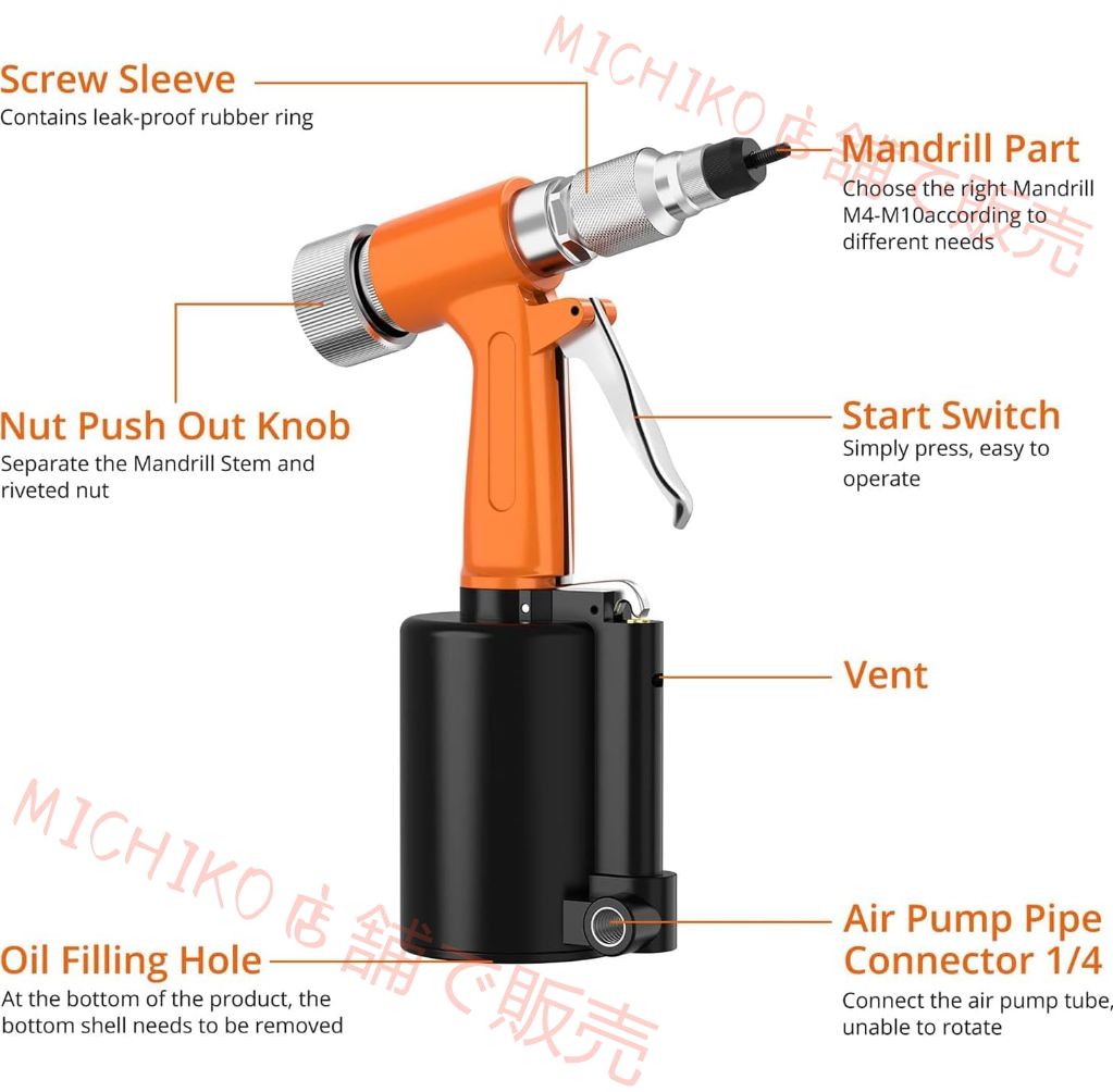 空気圧リベットナットガン 油圧エアリベッター ブラインディングリベッティングナットツール 5PCSメトリックマンドレル付き ボディパネル用ポップリベットナットガンリベッティングマシン 自転車アタッチ イエロー HRDEVELOPMENT_JP