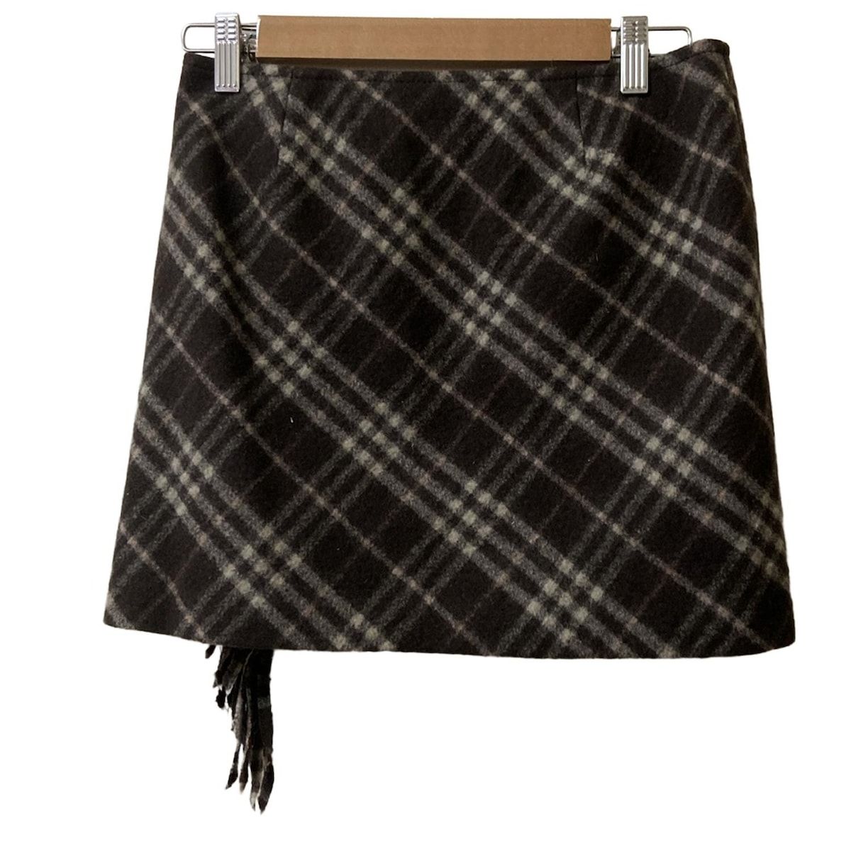 バーバリーブルーレーベル 巻きスカート サイズ36 S レディース - ダークブラウン×ベージュ×ライトピンク ミニ チェック柄 フリンジ