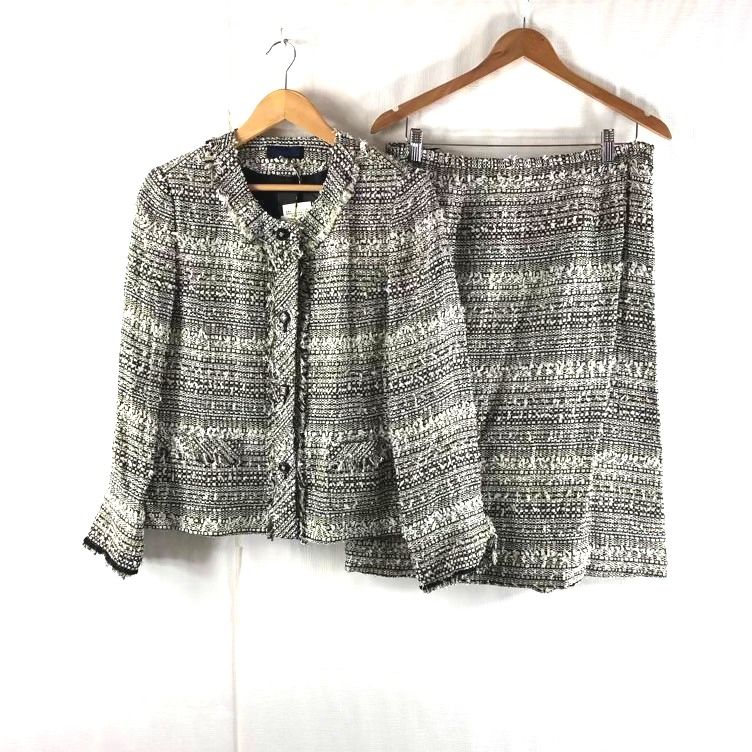 サンバラール Sanbalard セットアップ ジャケット スカート スーツ ツイード デザインボタン 綿 肩パッド 裏地付き 日本製 タグ付き 黒 白 15サイズ 977641