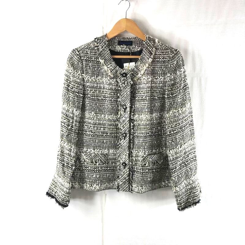 サンバラール Sanbalard セットアップ ジャケット スカート スーツ ツイード デザインボタン 綿 肩パッド 裏地付き 黒 白 15サイズ 977641